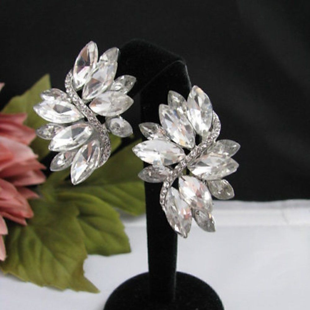 Swirl Clear Marquise Crystal Silver Clip On Earrings NWT
